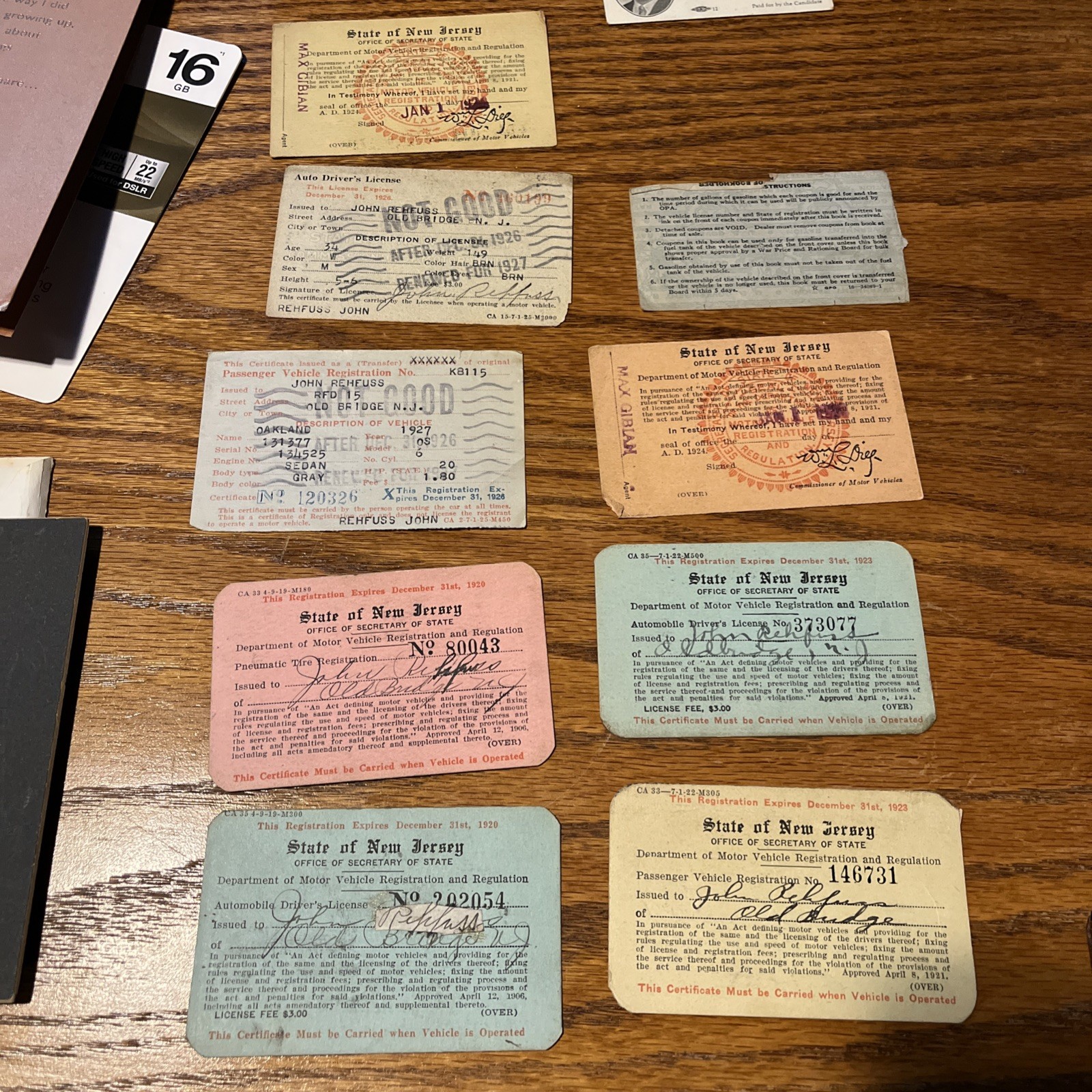 1926 New Jersey Auto Driver’s License – mix of 1920s vehicle registration