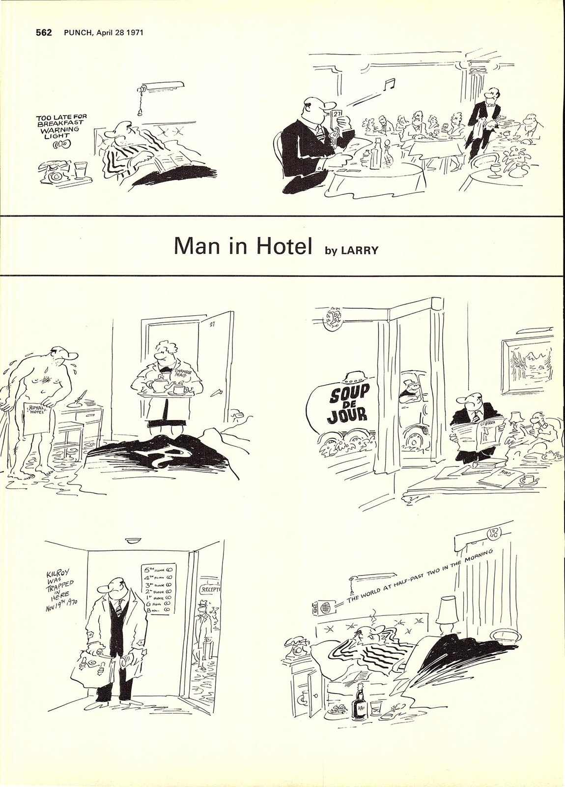 Original 1971 Punch Cartoon Page ‘MAN IN HOTEL by Larry’ Vintage Print Ephemera