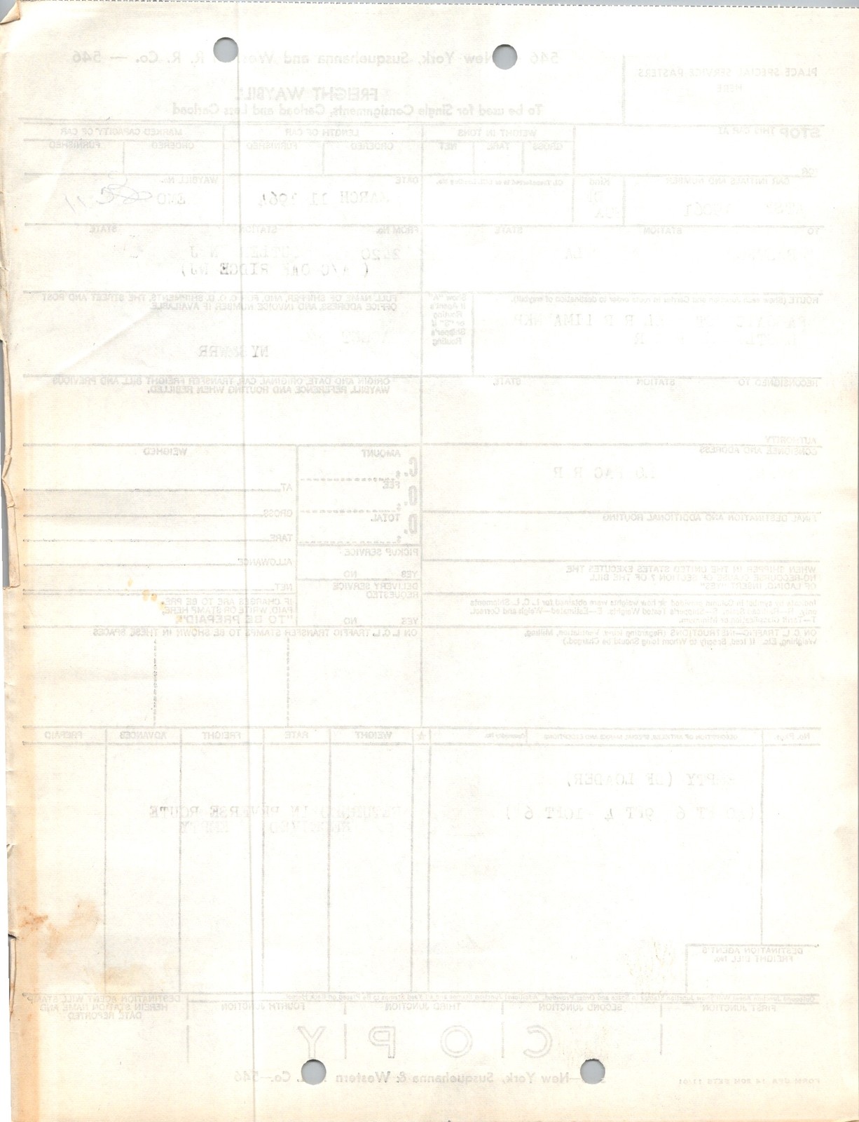 New York Susquehanna & Western Railroad 1961 Waybill Form Unused Railroadiana