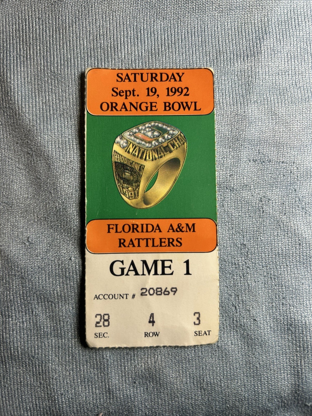 Miami Hurricanes Ticket Stub 1992 Orange Bowl Stadium Vs Florida A&M Game 1