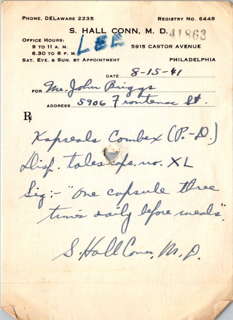1941 Dr S Hall Conn Rx Script Parke-Davis Combex Phila PA Vintage B12 Medical