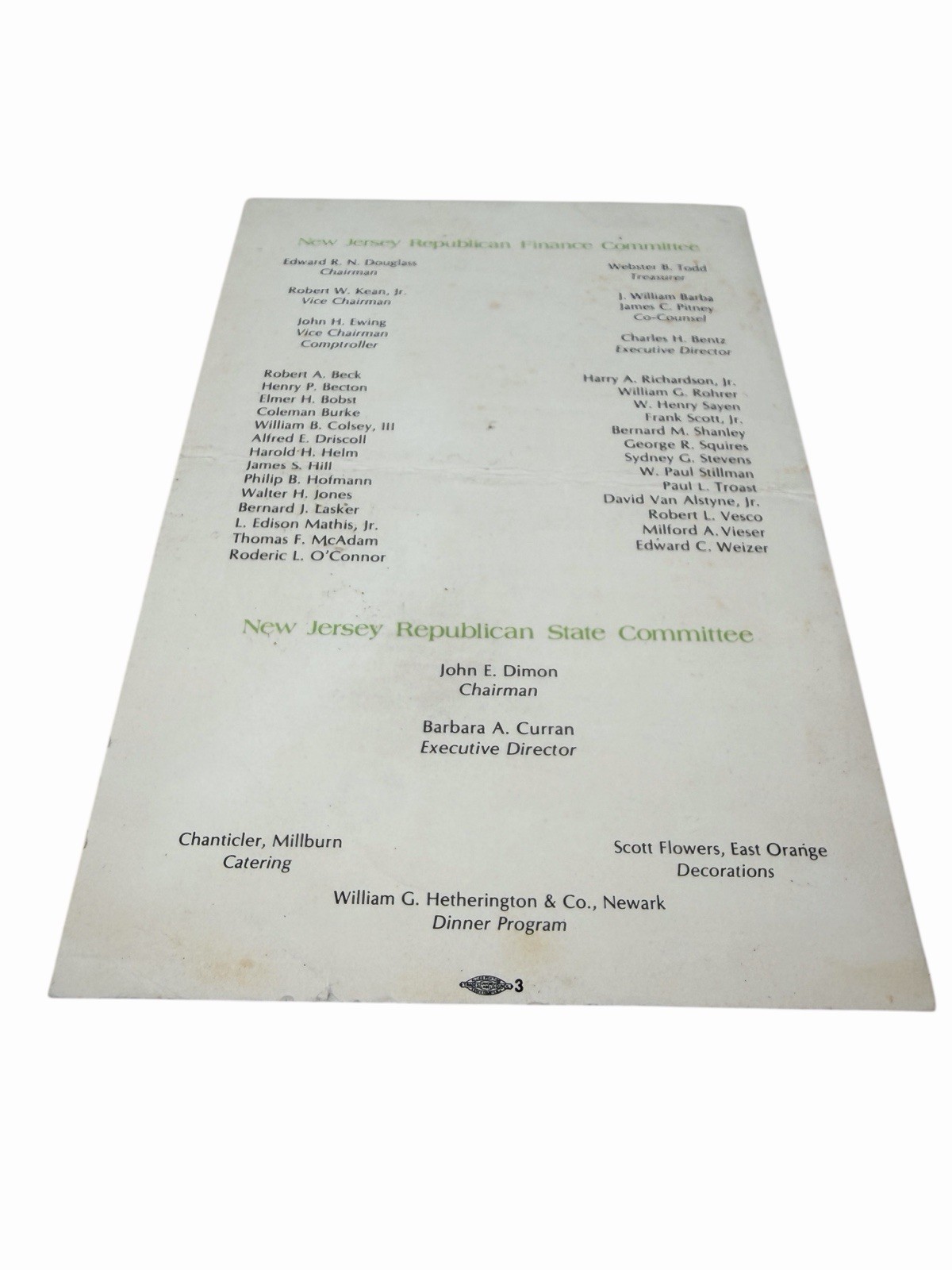 1974 NJ Republican Committee VICE PRESIDENT SPIRO AGNEW Dinner Program Menu