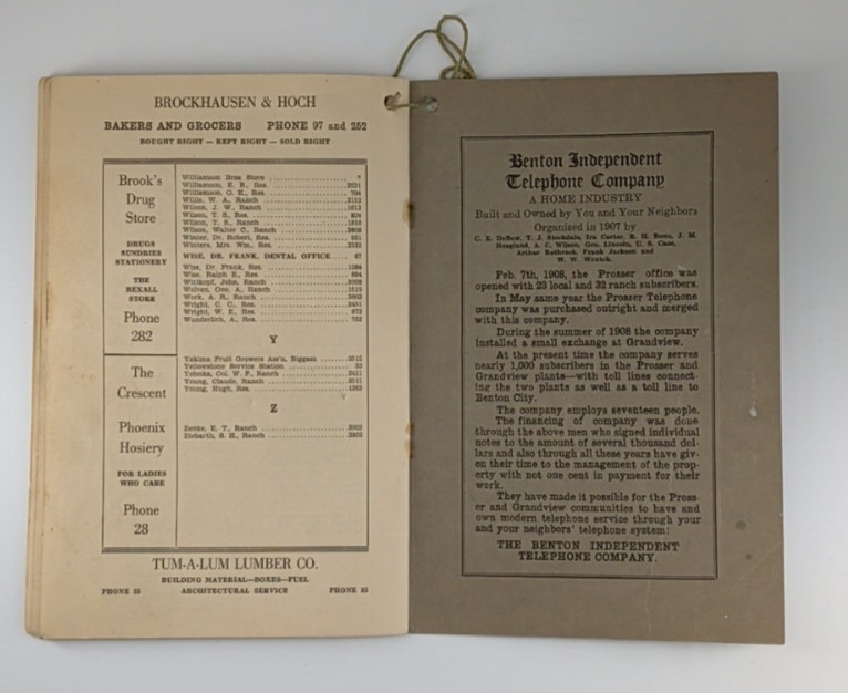 Telephone Directory Prosser Byron Paterson Washington October 1928 Vintage