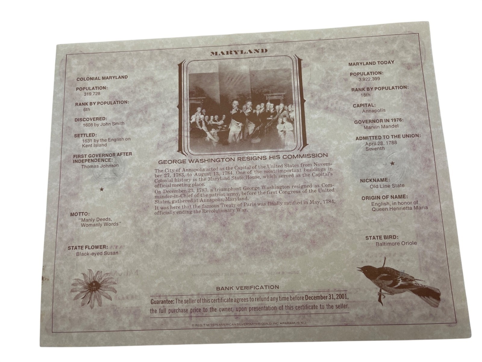 1776-1976 American Revolution Bicentennial Commemorative Dollar Certificate Mary