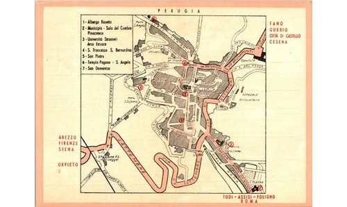 Perugia Italy Tourist Map Mid-Century 1940s-60s Landmarks Streets Churches