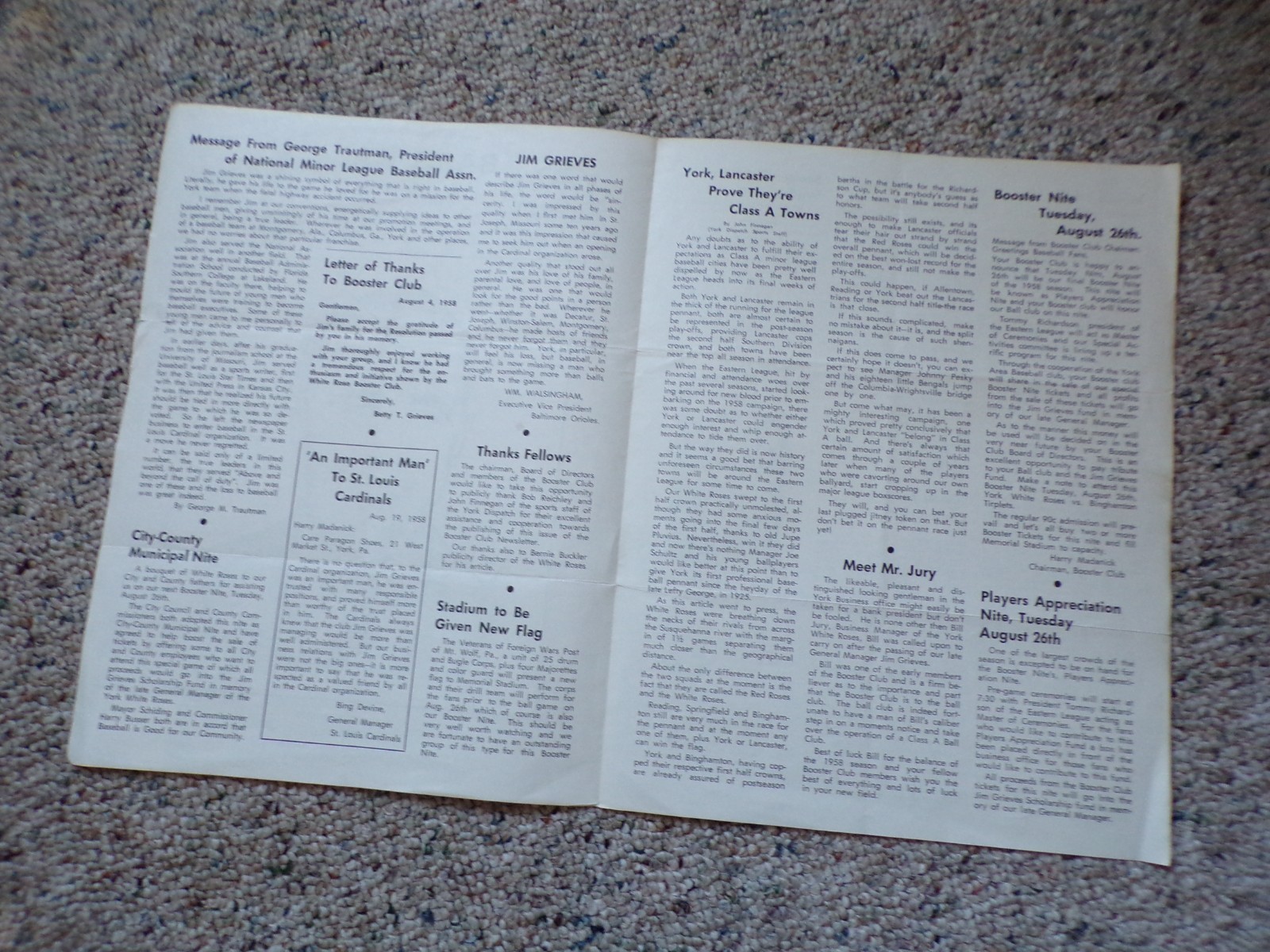 1958 Baseball White Rose Booster Club York PA News Letter Jim Grieves Vol 1 No 4