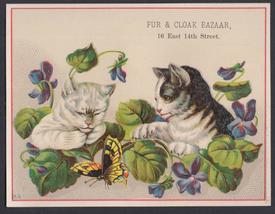 Fur & Cloak Bazaar sacques dolmans NYC trade card 1880s 2 cats & a butterfly
