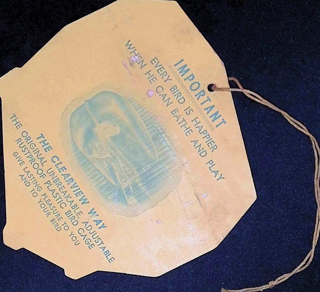 Happiness Cage Bird Cage Hang Tag Octagonal Die-Cut 1960s Unbreakable Plastic