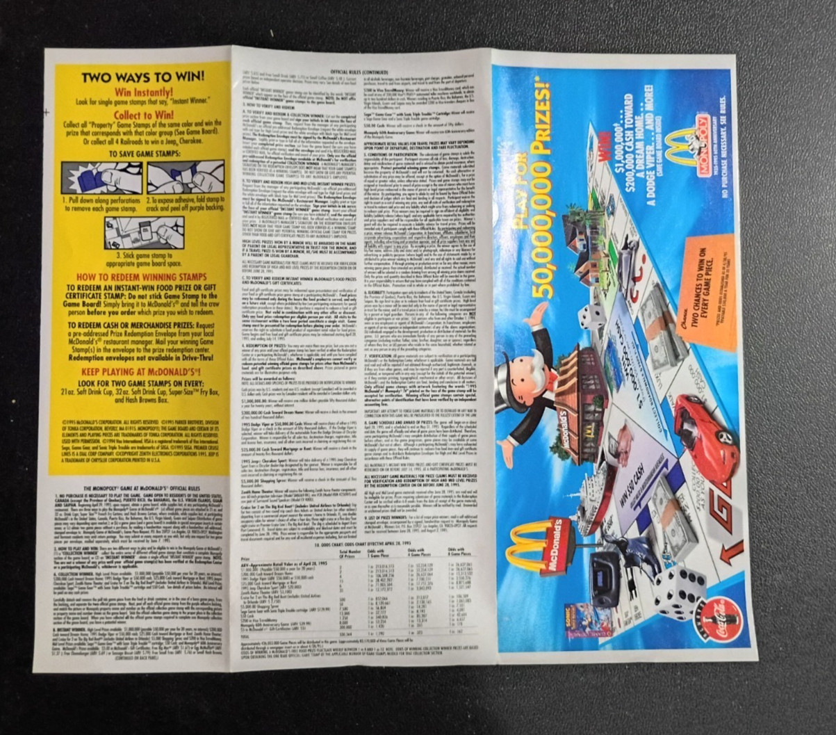 Vintage McDonald’s 60th Anniversary Monopoly Game Board Brochure 1995 Coca-Cola