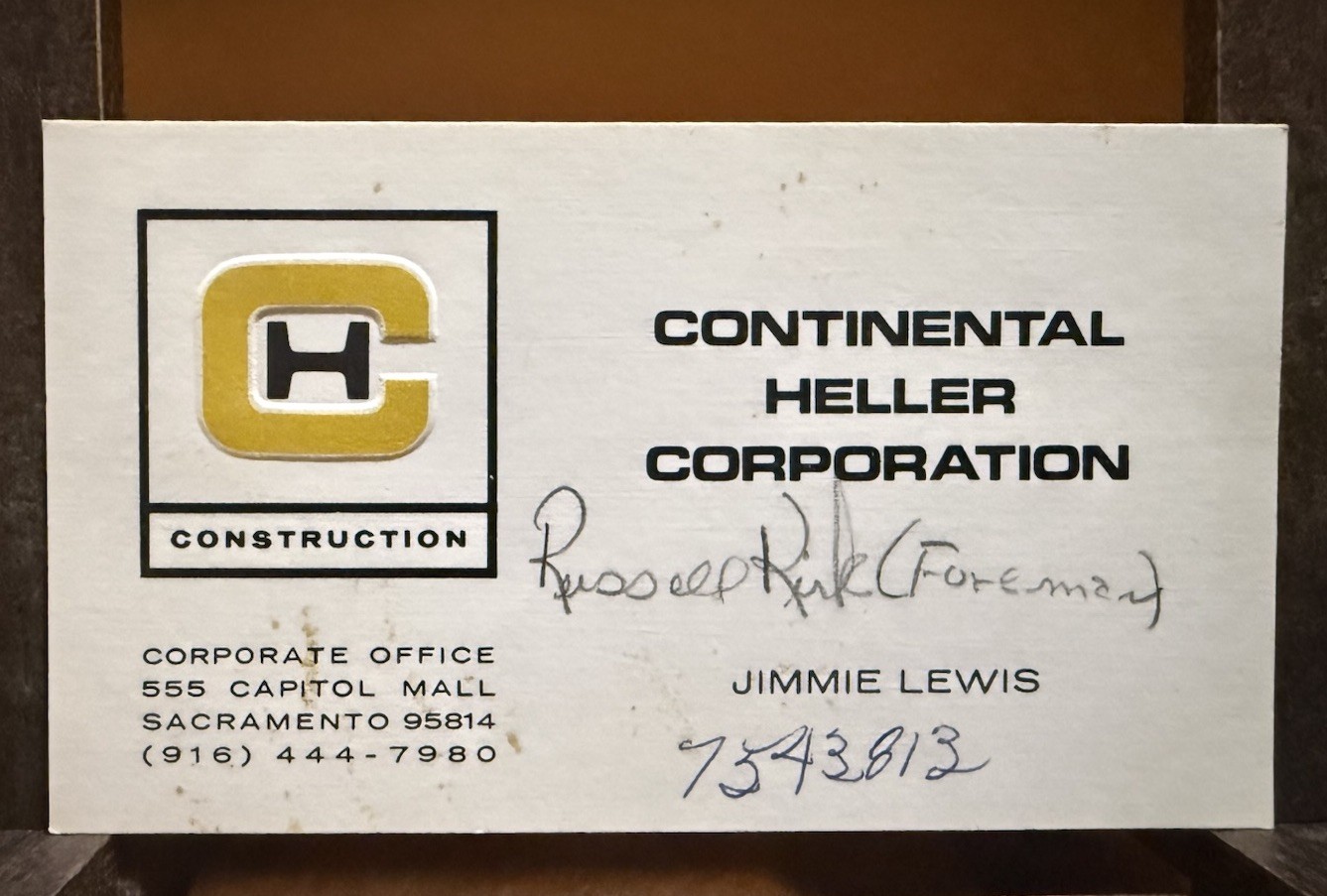 Vintage 1970s Continental Heller Construction Corp Business Card, SAC CA