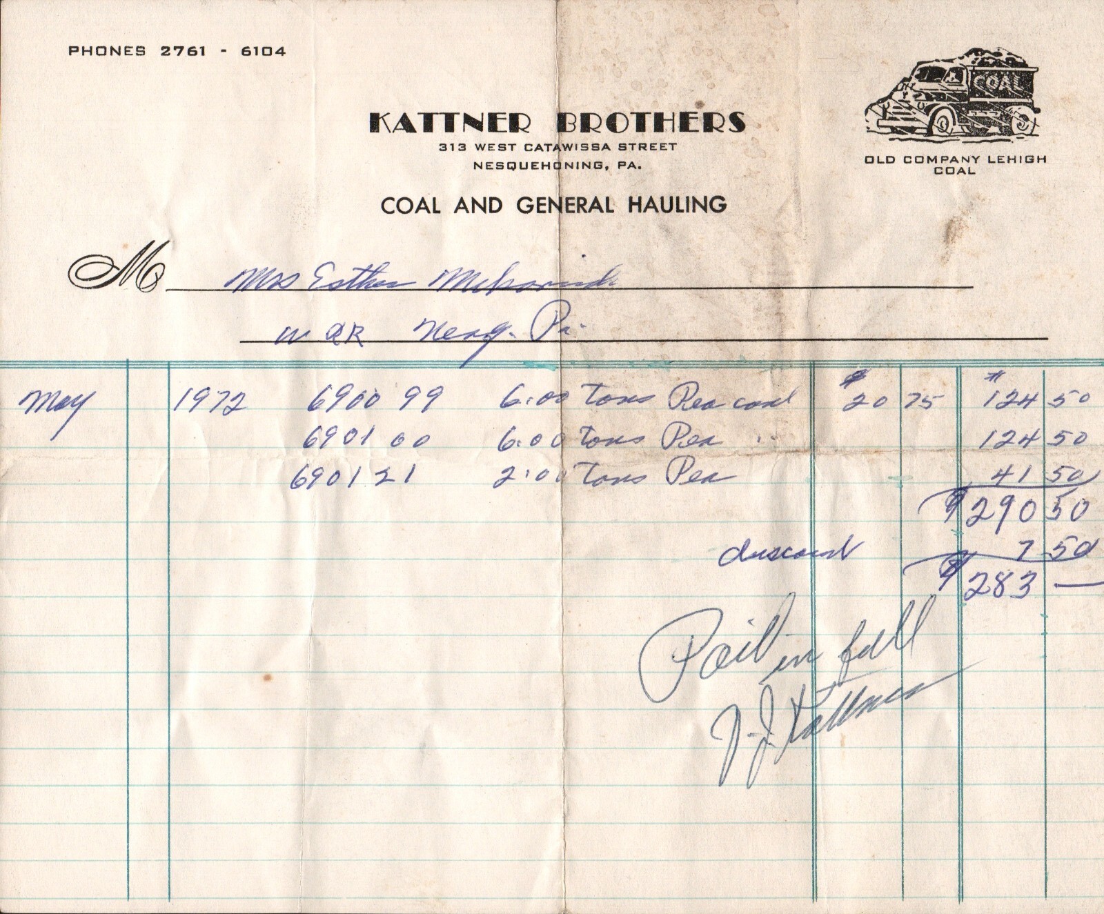 Vintage 1972 Kattner Brothers Coal and General Hauling Letterhead Bill of Sale