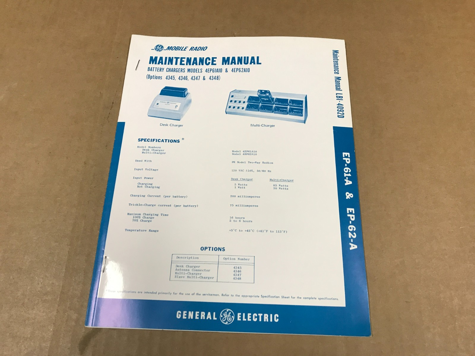 Vintage GE Model 4EP61A10 Battery Chargers Maintenance Manual