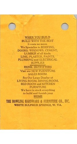 Bowling Hardware WV Receipt Tag Greenbrier Co 1940s Yellow Paper Furniture