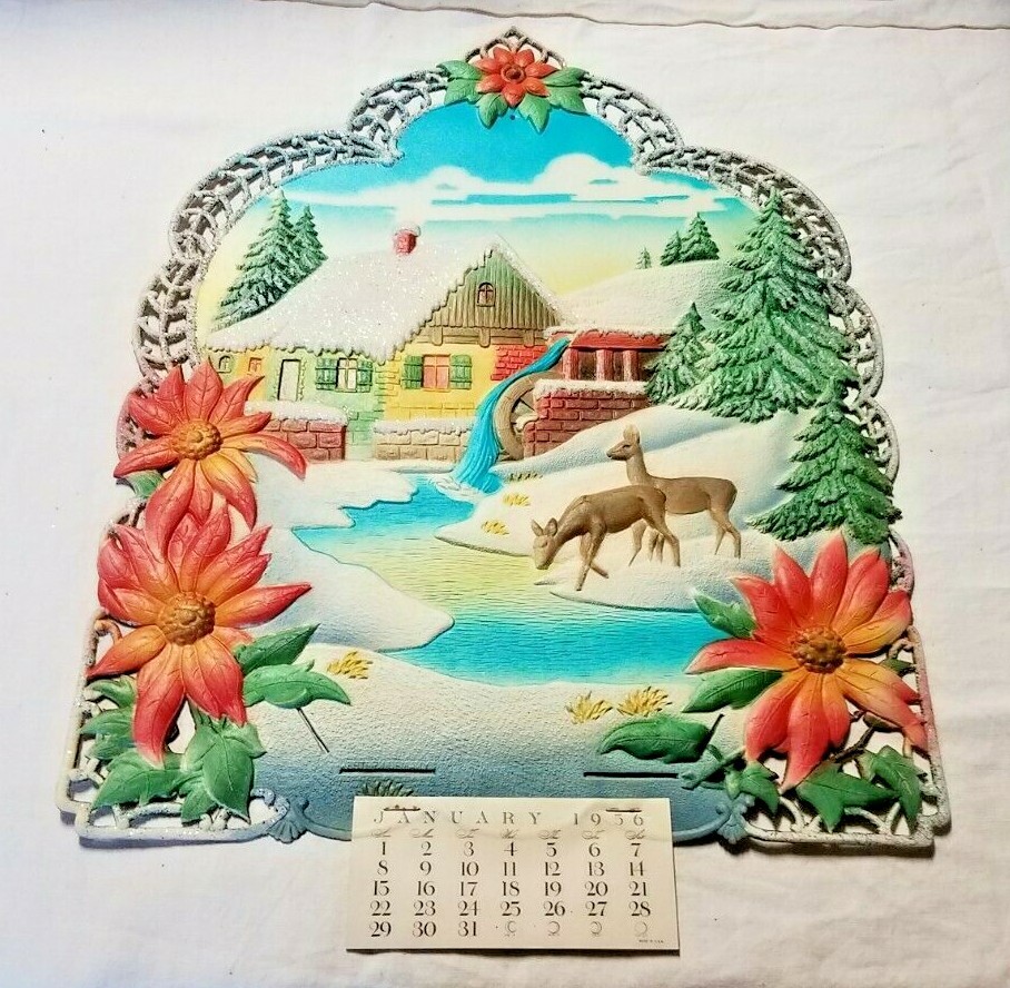 Vintage Embossed German Christmas Farmhouse w/1956 Calendar 15 1/2″ x 21″ DieCut