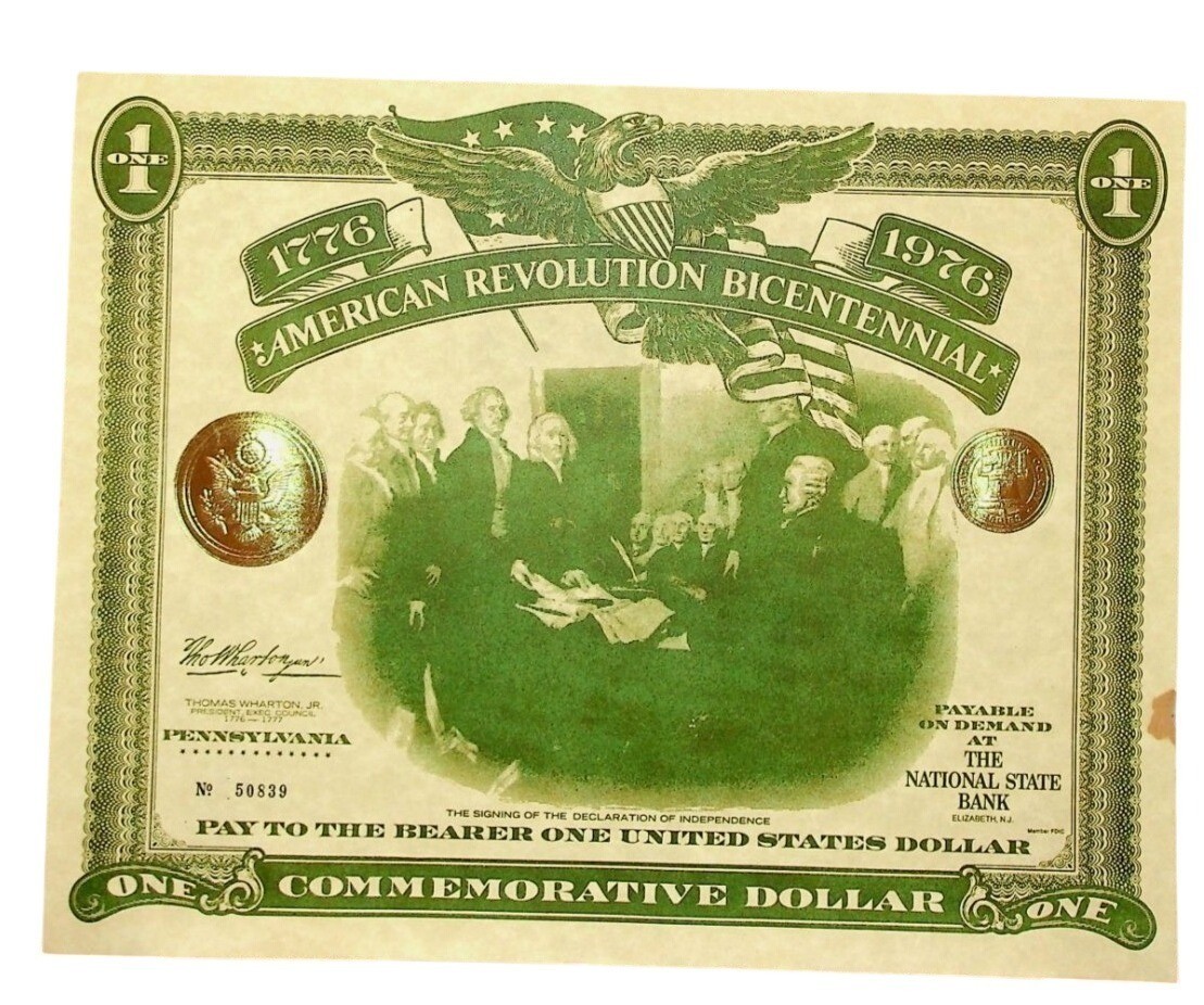 2-American Revolution Bicentennial 1976 Commemorative One Dollar Note Pennsylvan