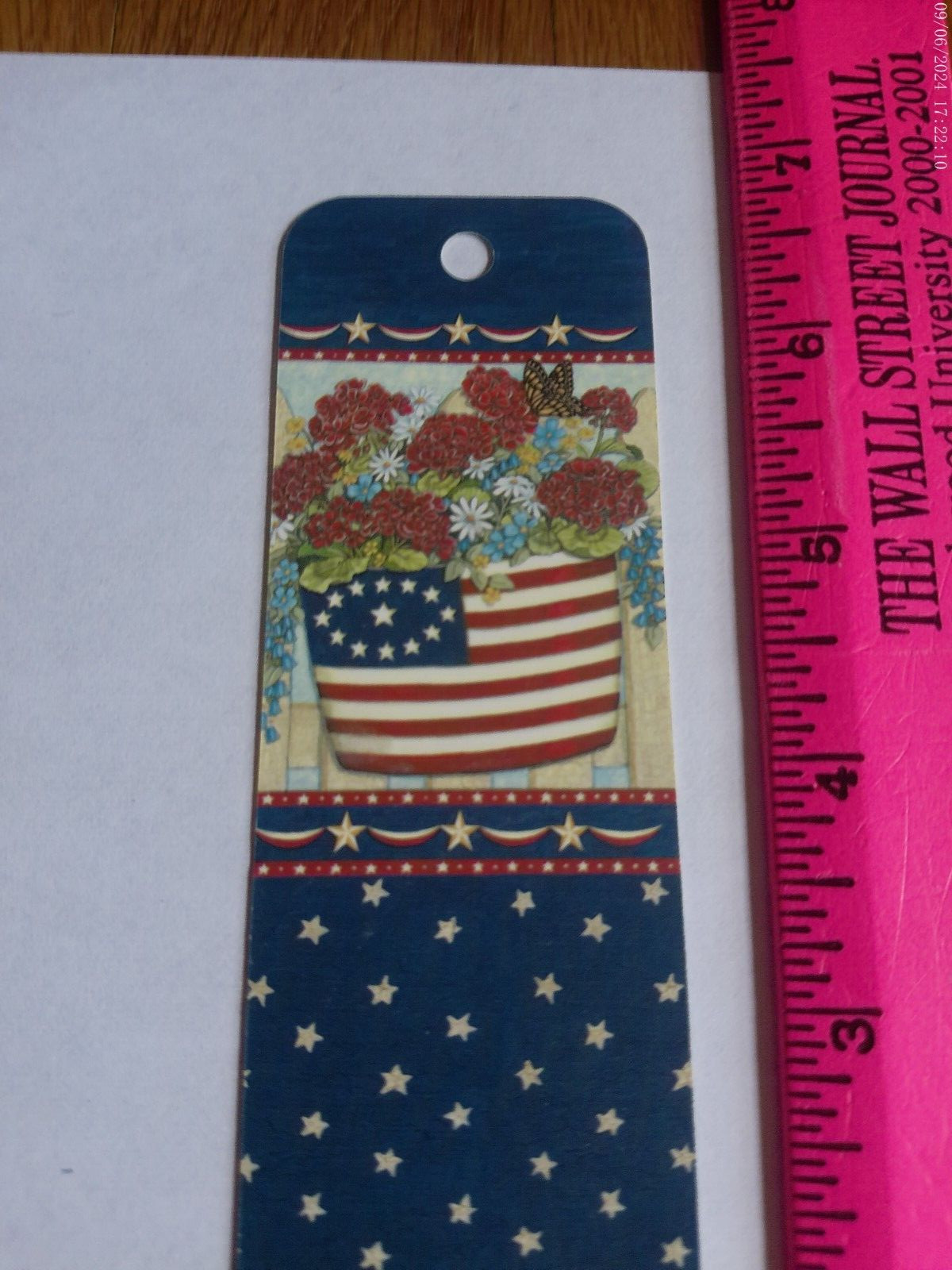 Patriotic Bookmark Deb Strain Flowers Flag Red White Blue Paper Collectible