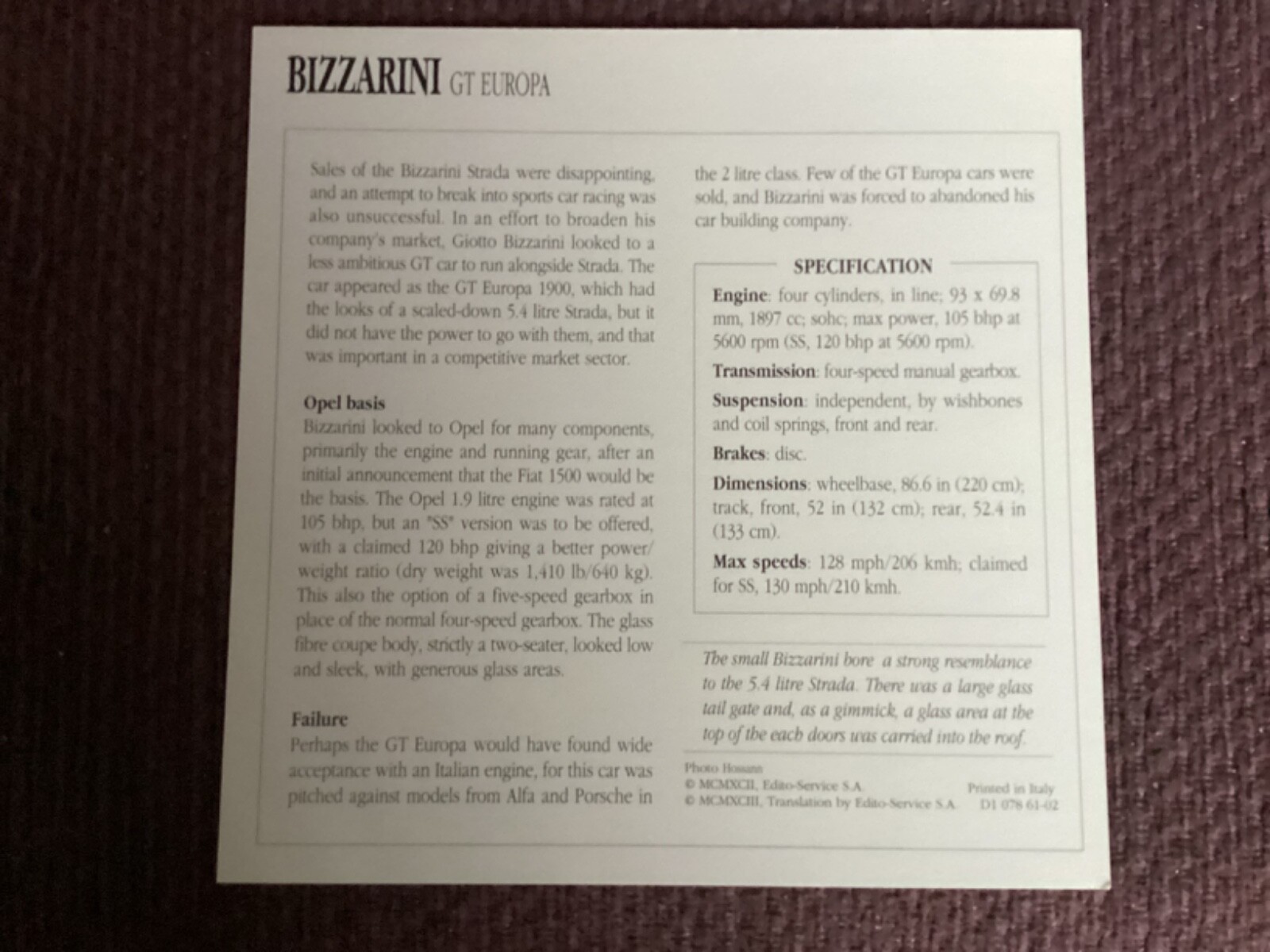 Bizzarini, GT Europa, 1966-68, Sports Car, Italy, Collectors Card