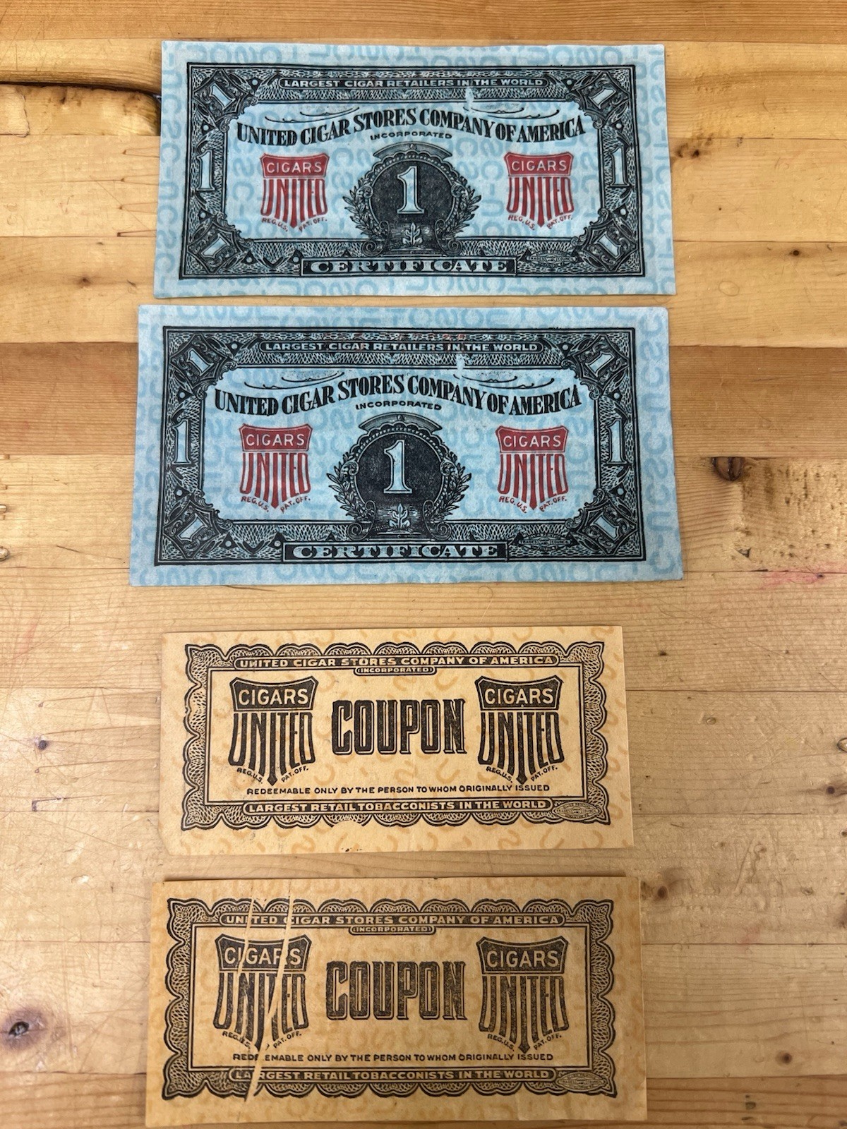 United Cigar Stores Company of America $1 Green & Orange Certificate- Set Of 4