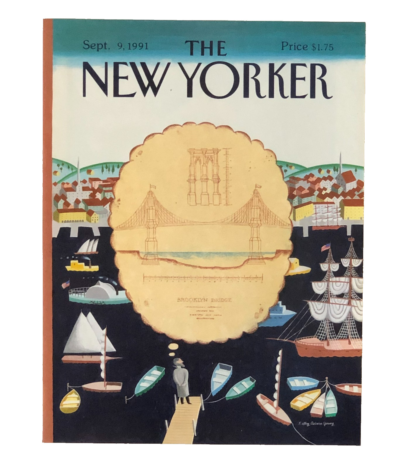 1991 New Yorker Magazine Cover Brooklyn Bridge Boats Ships Harbor Vintage