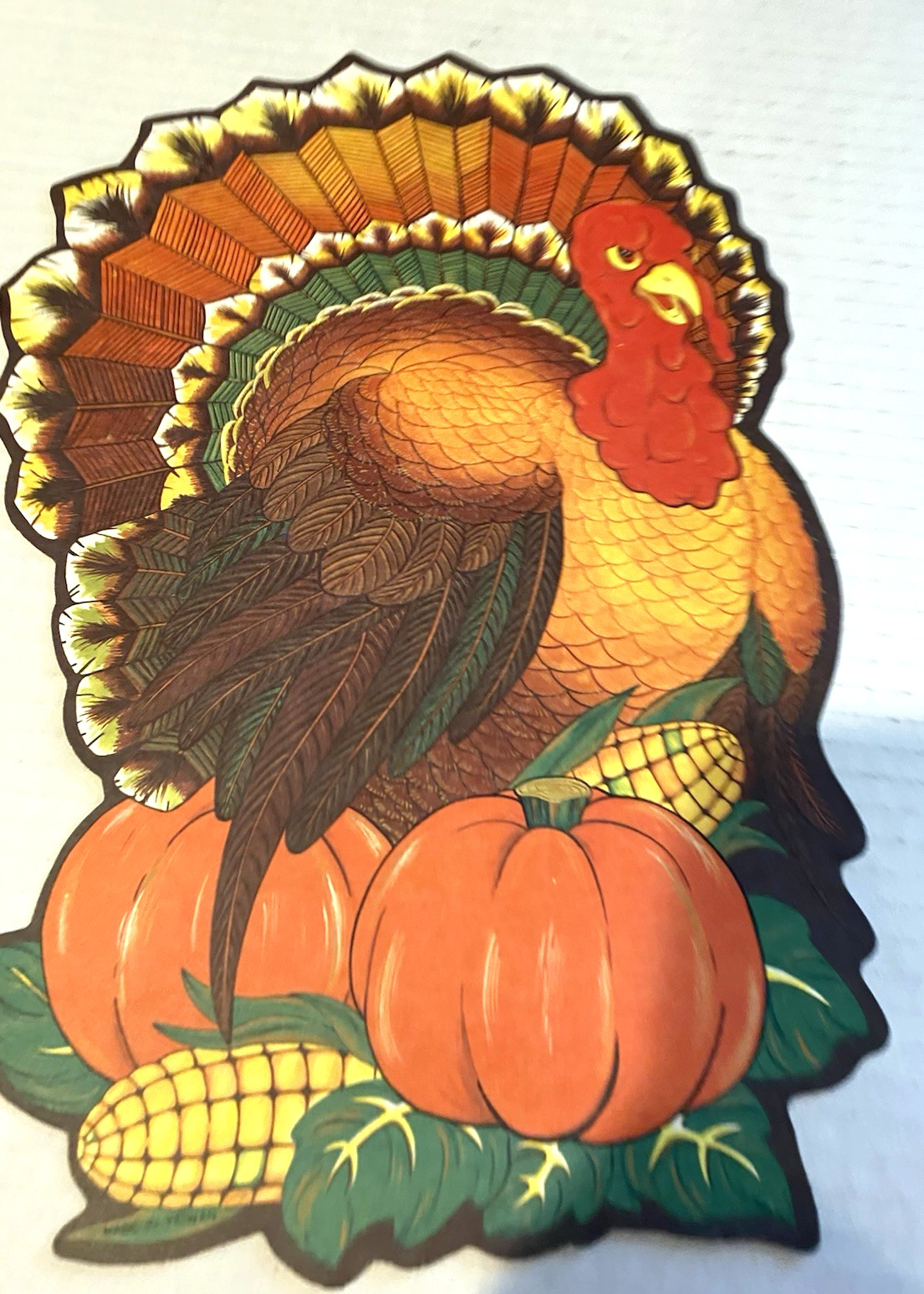 Vintage Die Cut Thanksgiving Turkey Card Decor Fall 12″x8″ Pumpkins Corn 2 Cards