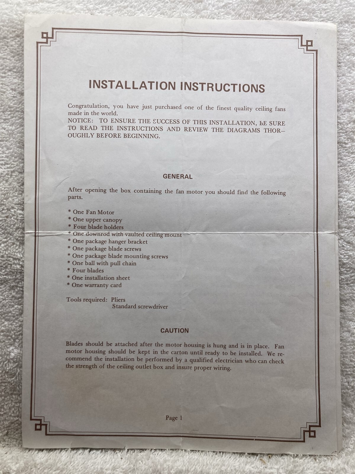 1980s 1990s Unknown Brand Ceiling Fan Owners Guide Sheet Hunter ? Vtg