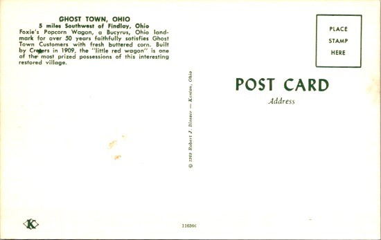 1969 Foxie Popcorn Wagon Postcard Ghost Town Ohio Chromolithography Americana