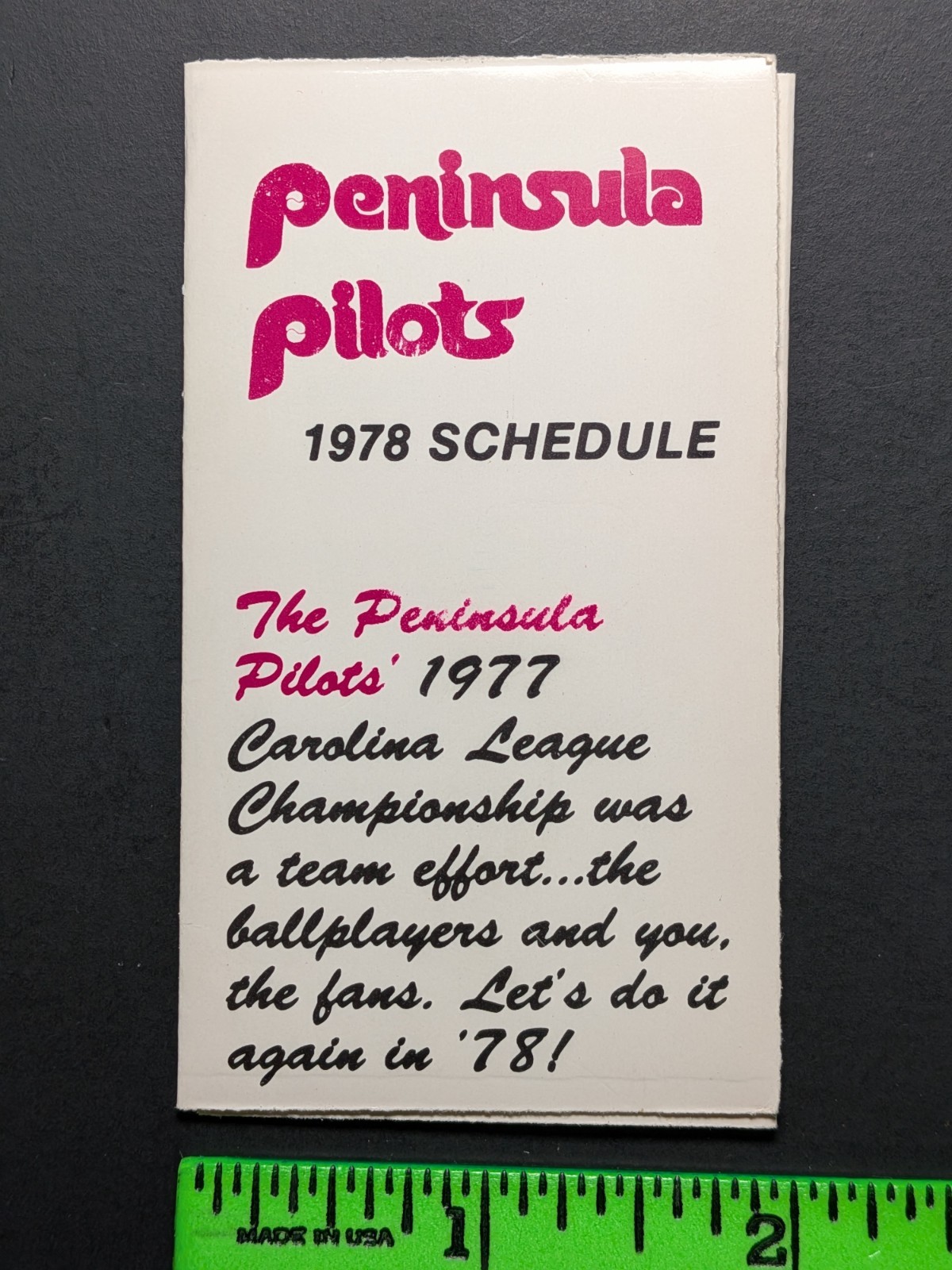 Peninsula Pilots 1978 Foldout Baseball Pocket Schedule