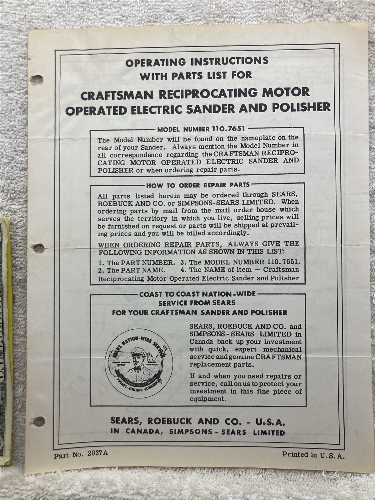 1960’s Craftsman Sander & Polisher Sears 110-7651 Owners Manual Vtg