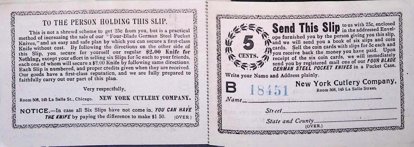New York Cutlery Co Chicago 1900s Promo Slip B18451 Knife Referral German Steel