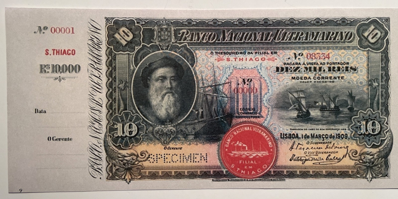 Cape Verde, Cabo Verde 10 mil Reis 1909 Banknote Reproduction