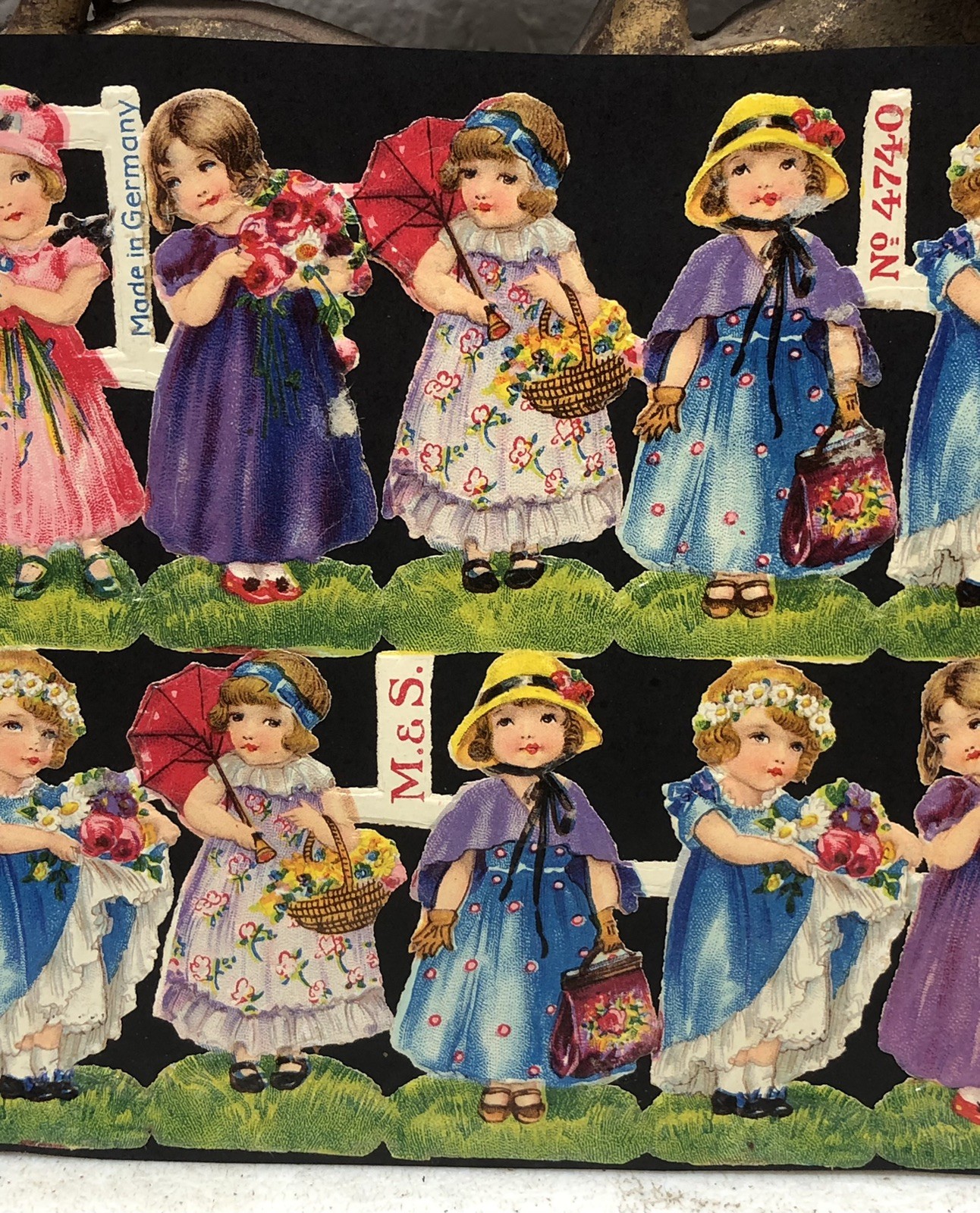 Dressed Girls Die Cut Embossed Scraps by M&S Glued on Paper Double Sided L10