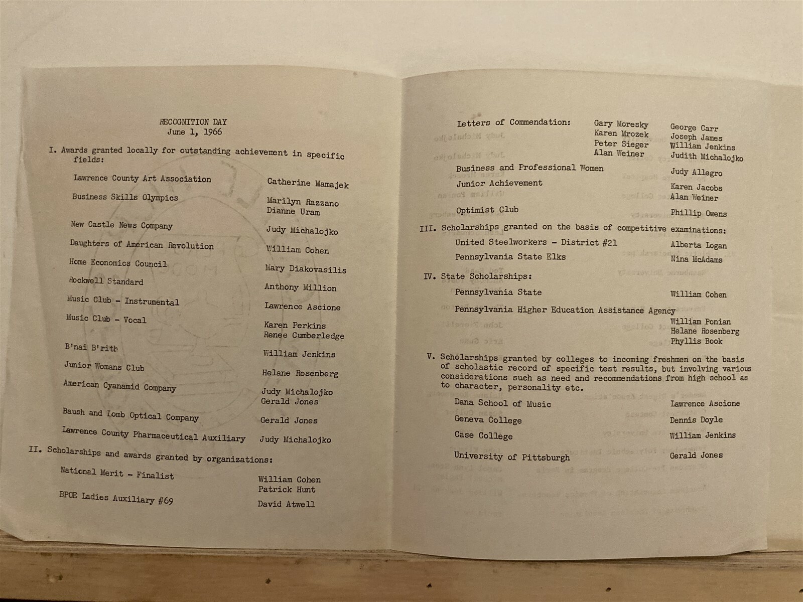 1966 New Castle High School Senior Recognition Programs Pennsylvania PA Vtg