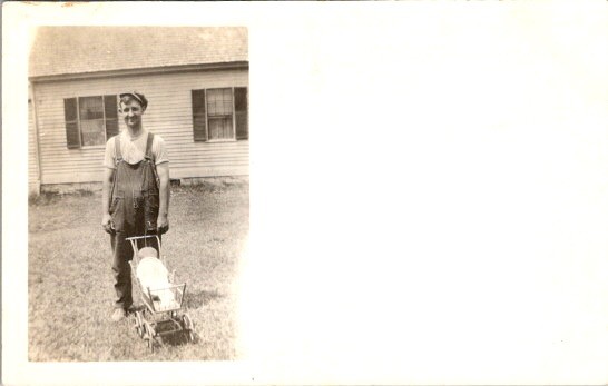 Real Photo Postcard RPPC 1910s Father Denim Overalls Baby Stroller Americana