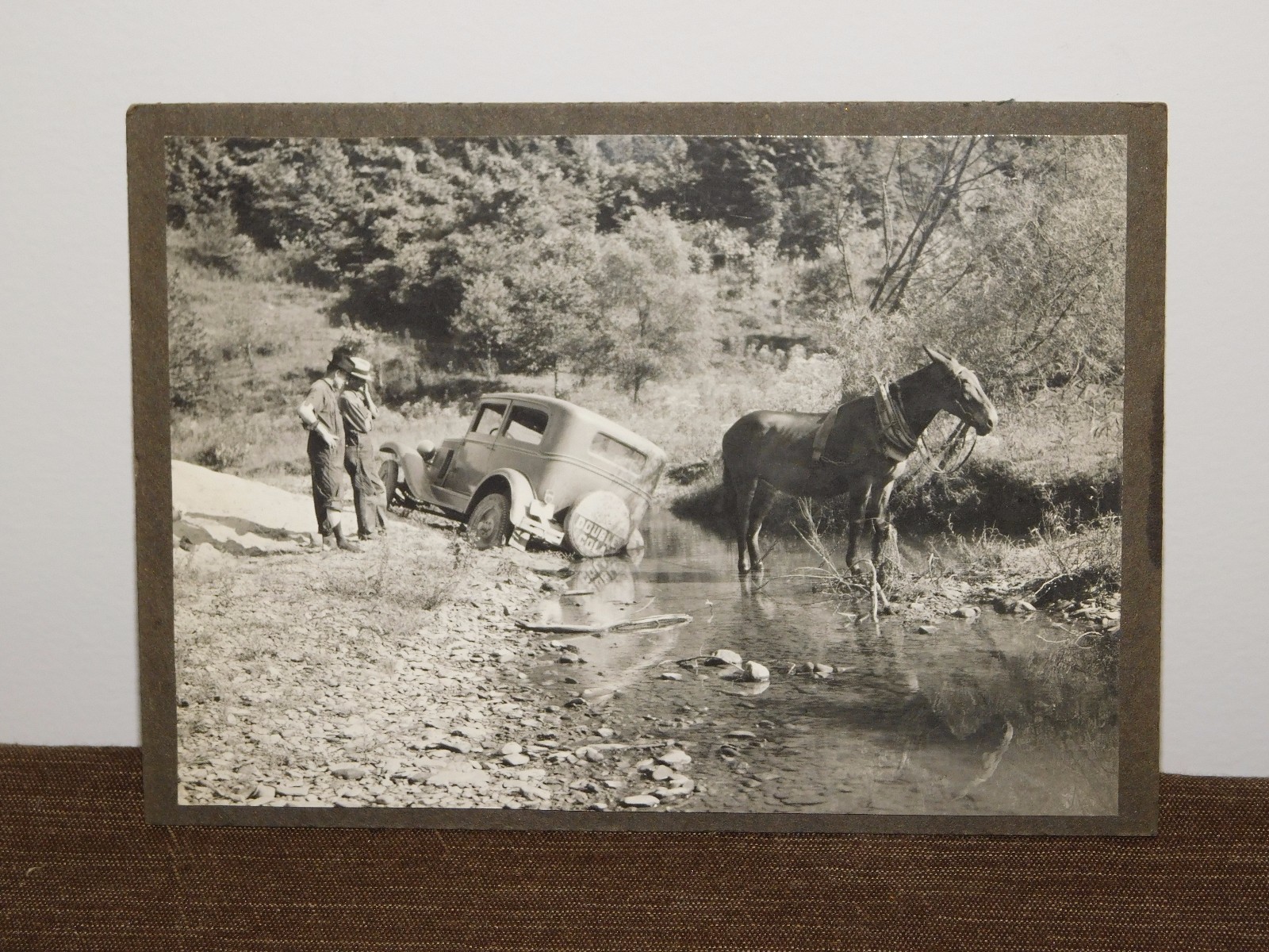 VINTAGE 6 1/2″ X 4 3/4″ OLD DOUBLE COLA TRUCK & HORSE IN RIVER STREAM PHOTO