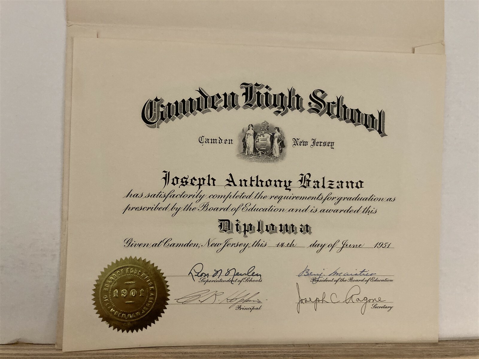 1951 Camden High School Diploma New Jersey NJ Vtg