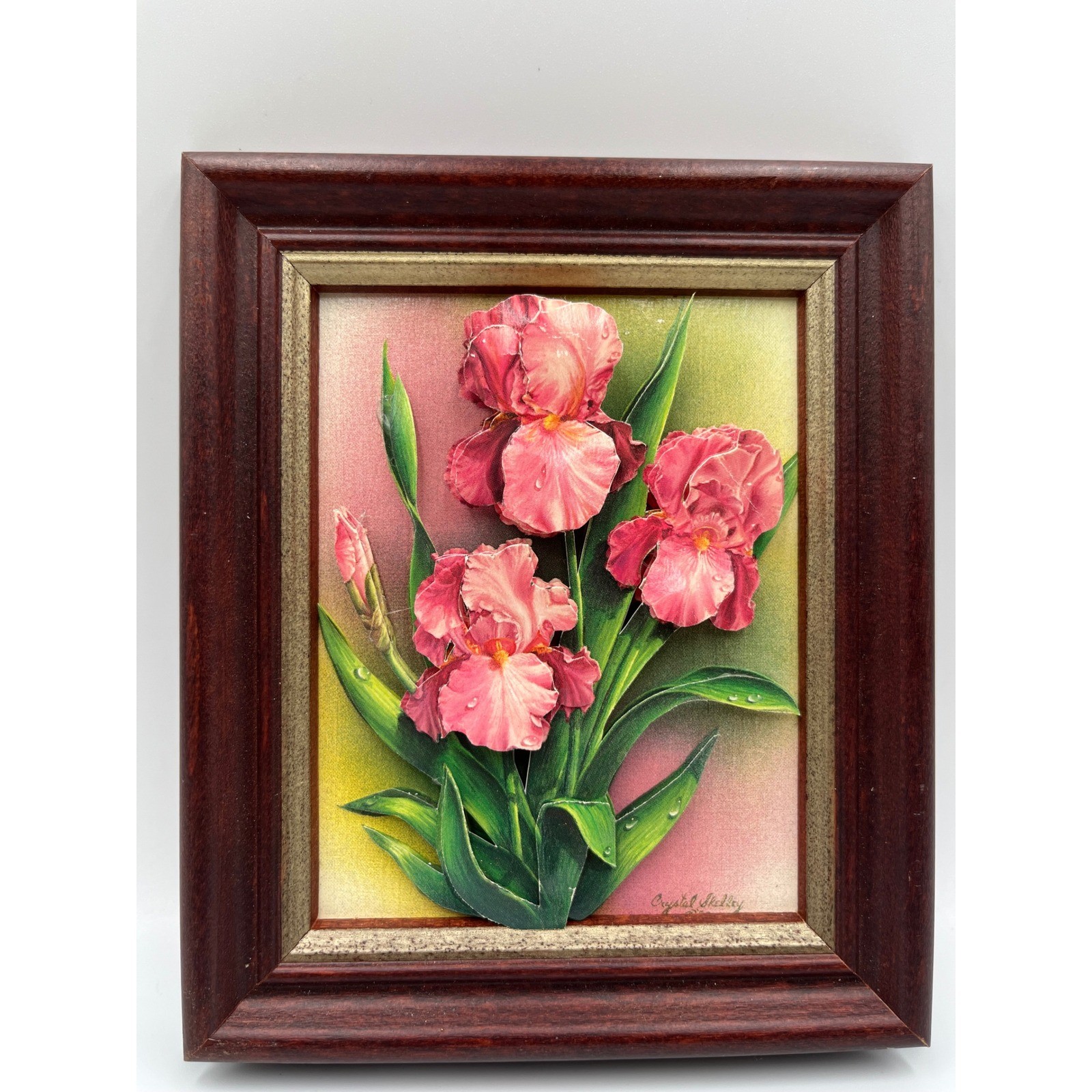 Rare Handmade 3D layered Paper Art 1989 “Pink IRIS” Signed By Crystal Skelley