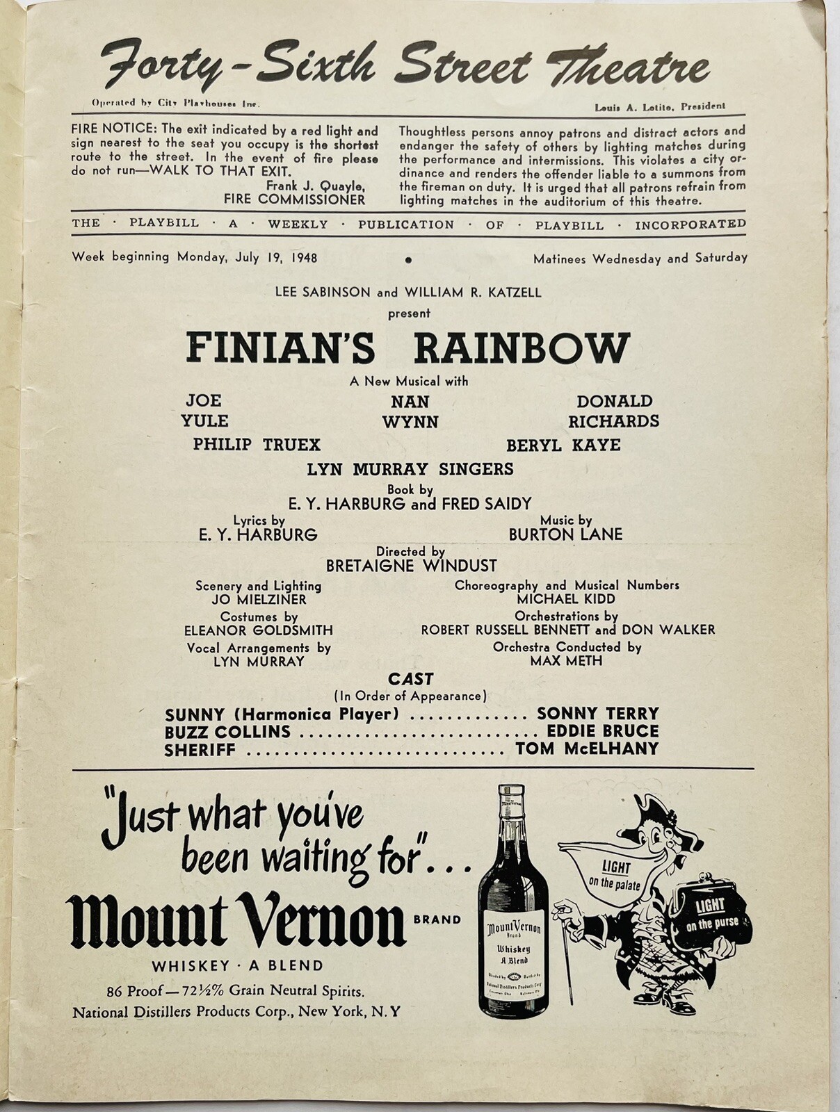 Finian’s Rainbow – Broadway Playbill Jul 1948 – Joe Yule, Nan Wynn