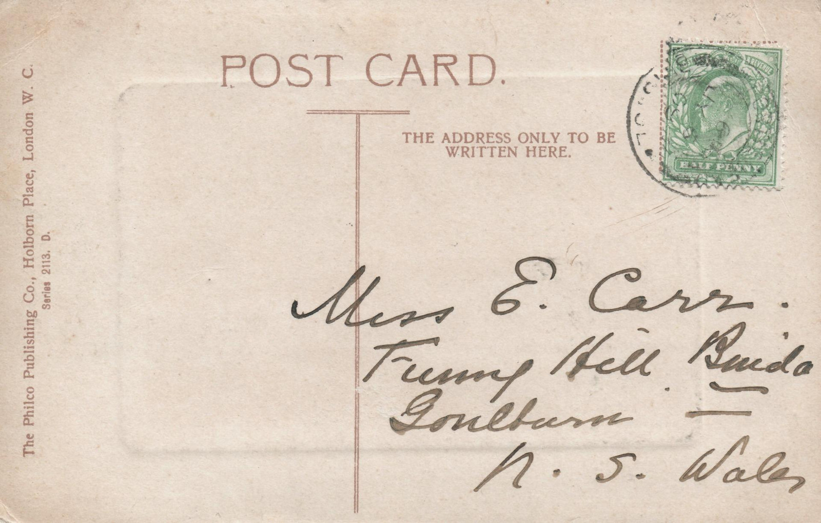 1909 ANTIQUE Rippling Wavelets POSTCARD – to Carr, Funny Hill, Binda, Goulburn