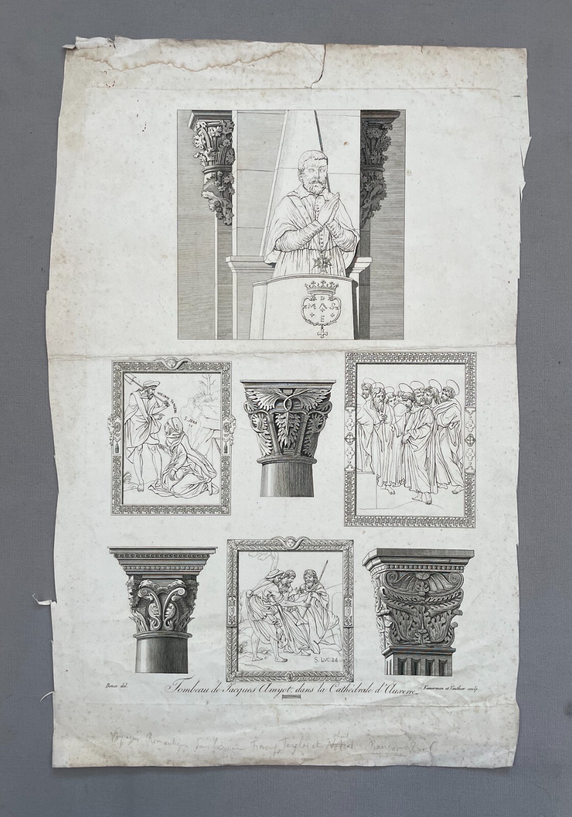 Antique Engraving, Tomb of Jacques Amyot in Auxerre Cathedral