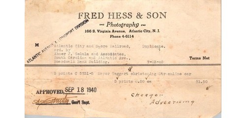1940 Atlantic City NJ Rail Car Christening Photo- Hess Photography Invoice