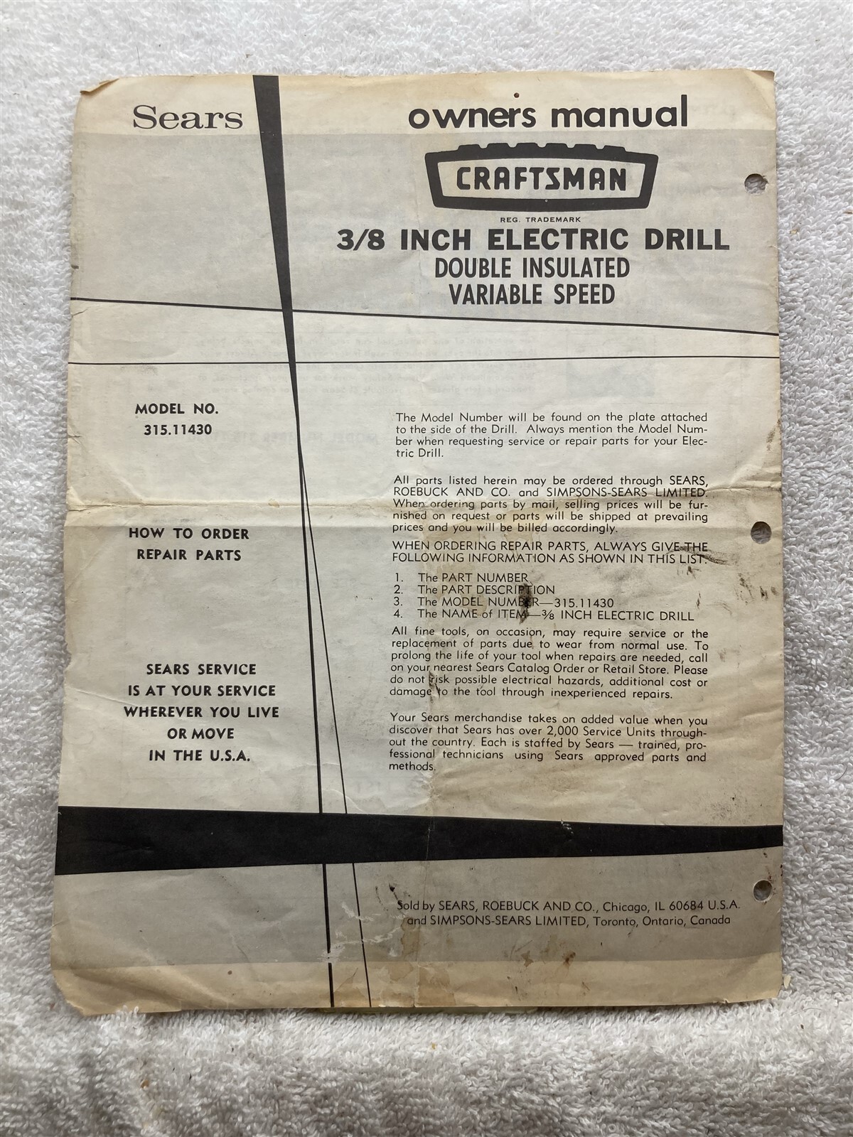 1974 Craftsman 3/8 Inch Electric Drill 315.11430 Owners Manual Guide Vtg