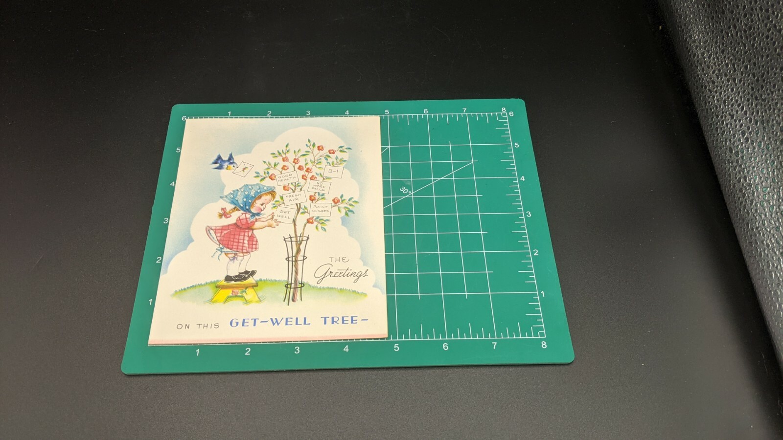 Unsigned Vintage Wallace Brown Greeting Card GET WELL Tree Girl Bluebird wishes
