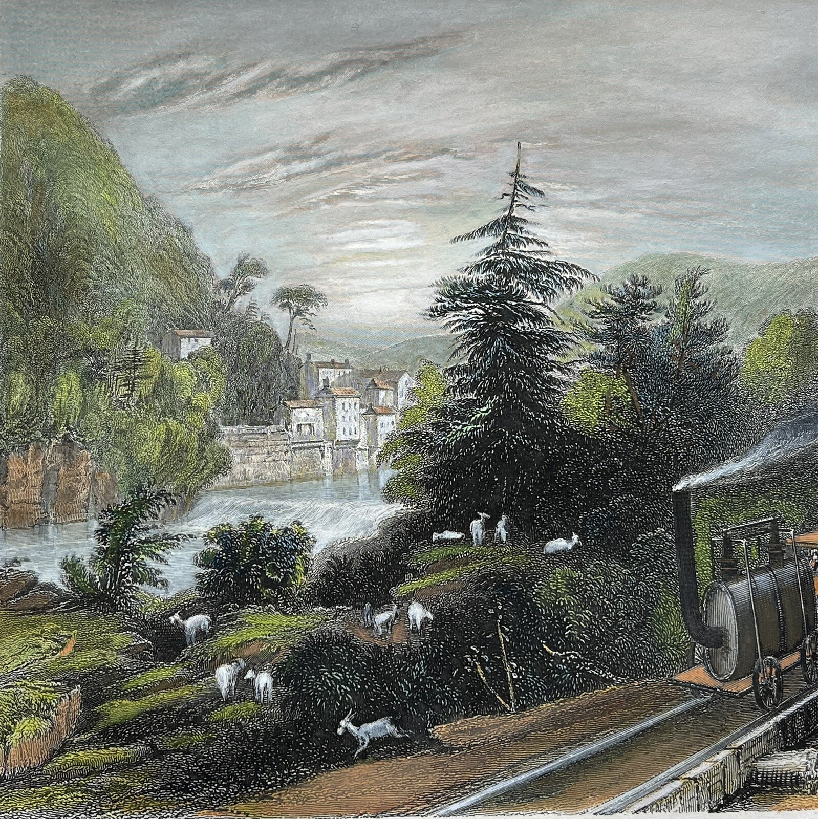 ORIGINAL HAND COLORED STEEL ENGRAVING LITTLE FALLS, VALLEY OF THE MOHAWK 1835-50
