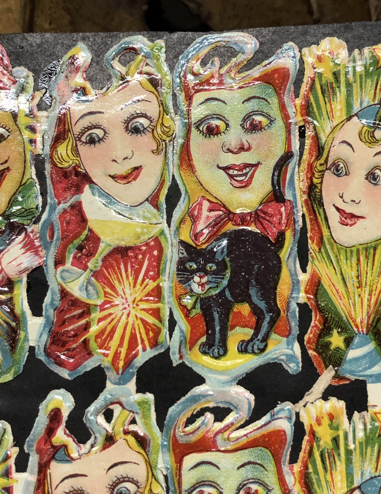 Black Cats & Marks w/ Faces Die Cut Scraps Glued on Paper Double Sided L14