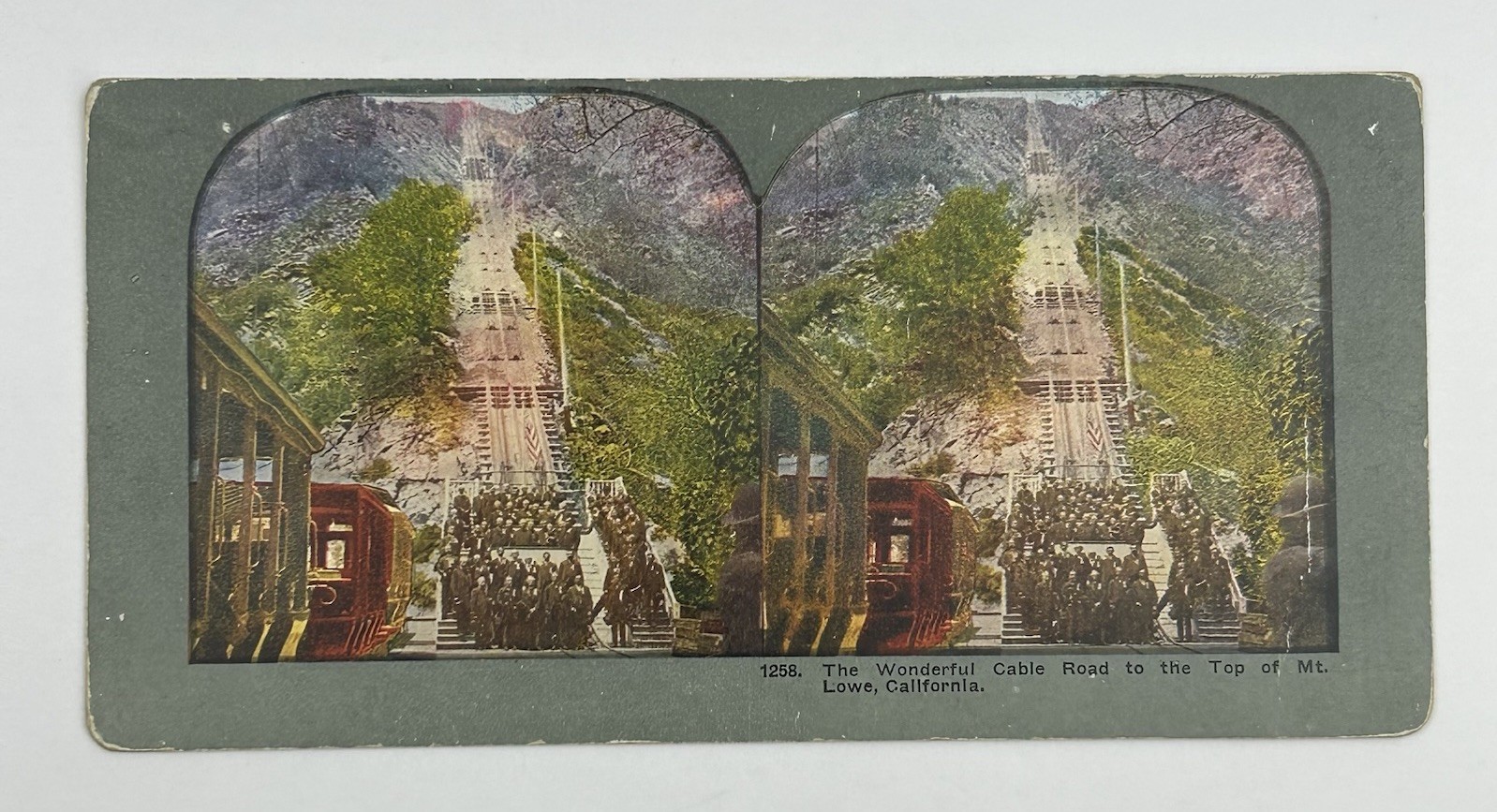 Antique Mt Lowe Incline Railway California Color Lithograph Stereoview Card L-1