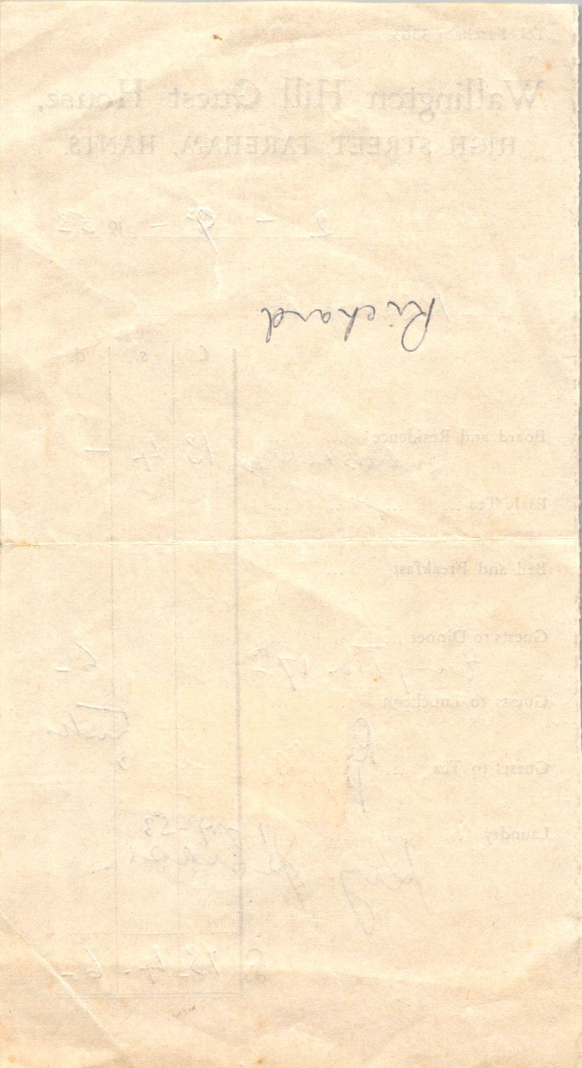 1950s British Guest House Receipt w/ Revenue Stamps Manuscript Cursive