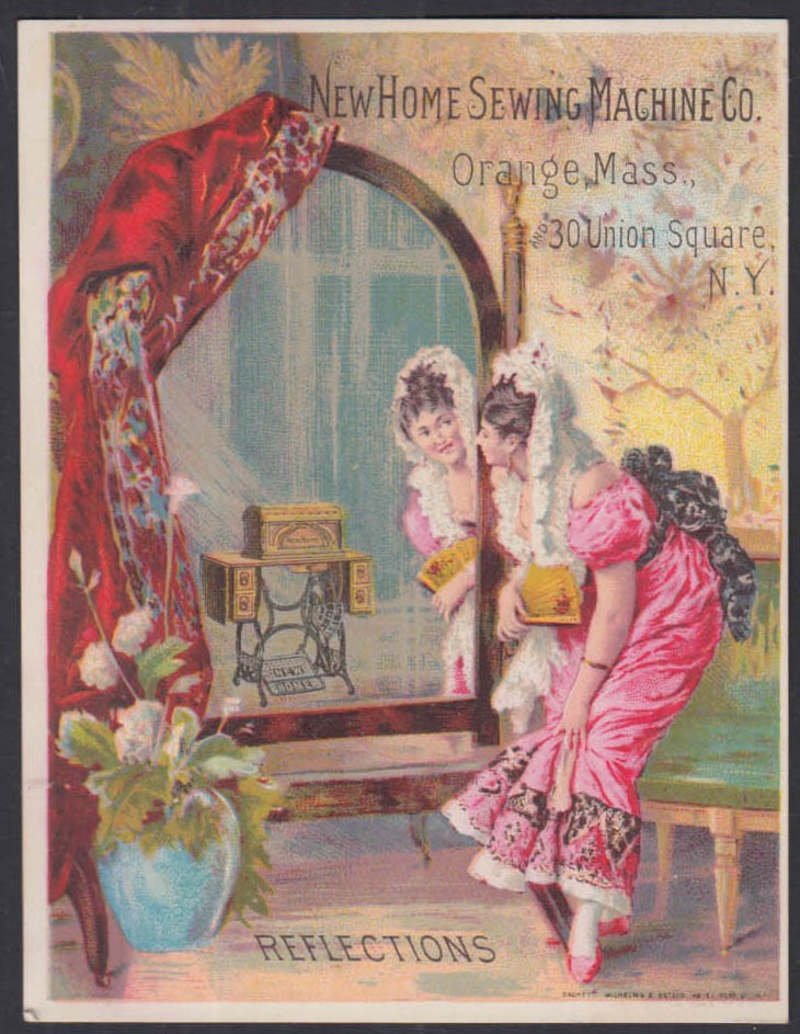 New Home Sewing Machine trade card Orange MA woman admires self in mirror 1880s